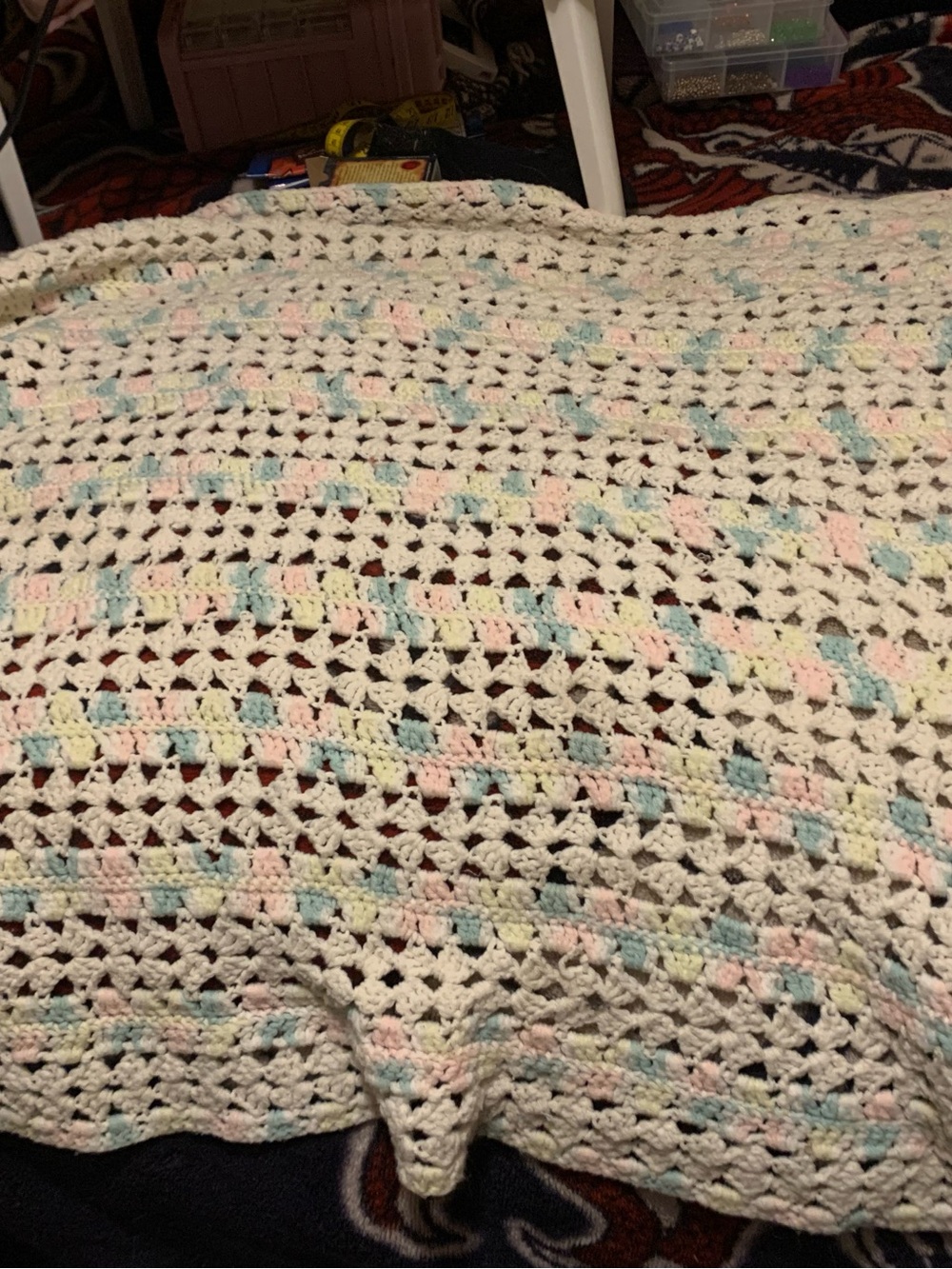 Vintage 1988 Handmade Crochet Baby Blanket in Pastel Cream, Pink, Blue, Yellow